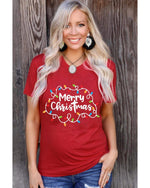 Red Merry Christmas Lights Print Crew Neck T Shirt - L