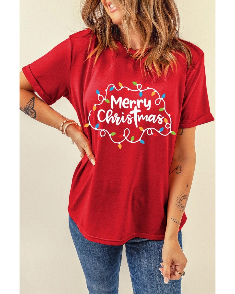 Red Merry Christmas Lights Print Crew Neck T Shirt - L