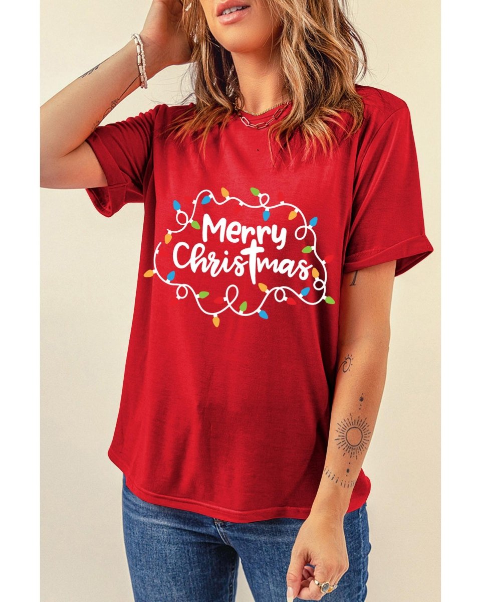 Red Merry Christmas Lights Print Crew Neck T Shirt - L