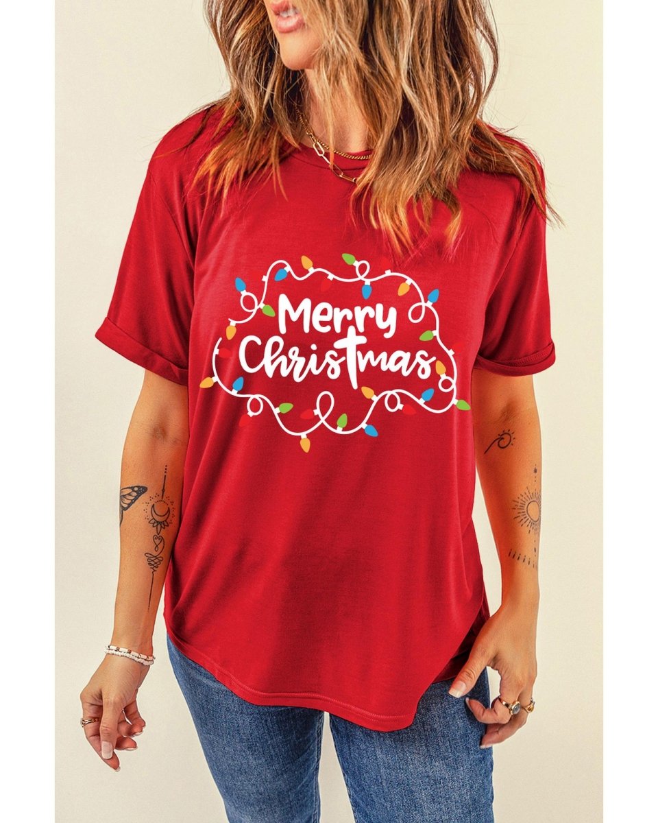 Red Merry Christmas Lights Print Crew Neck T Shirt - L