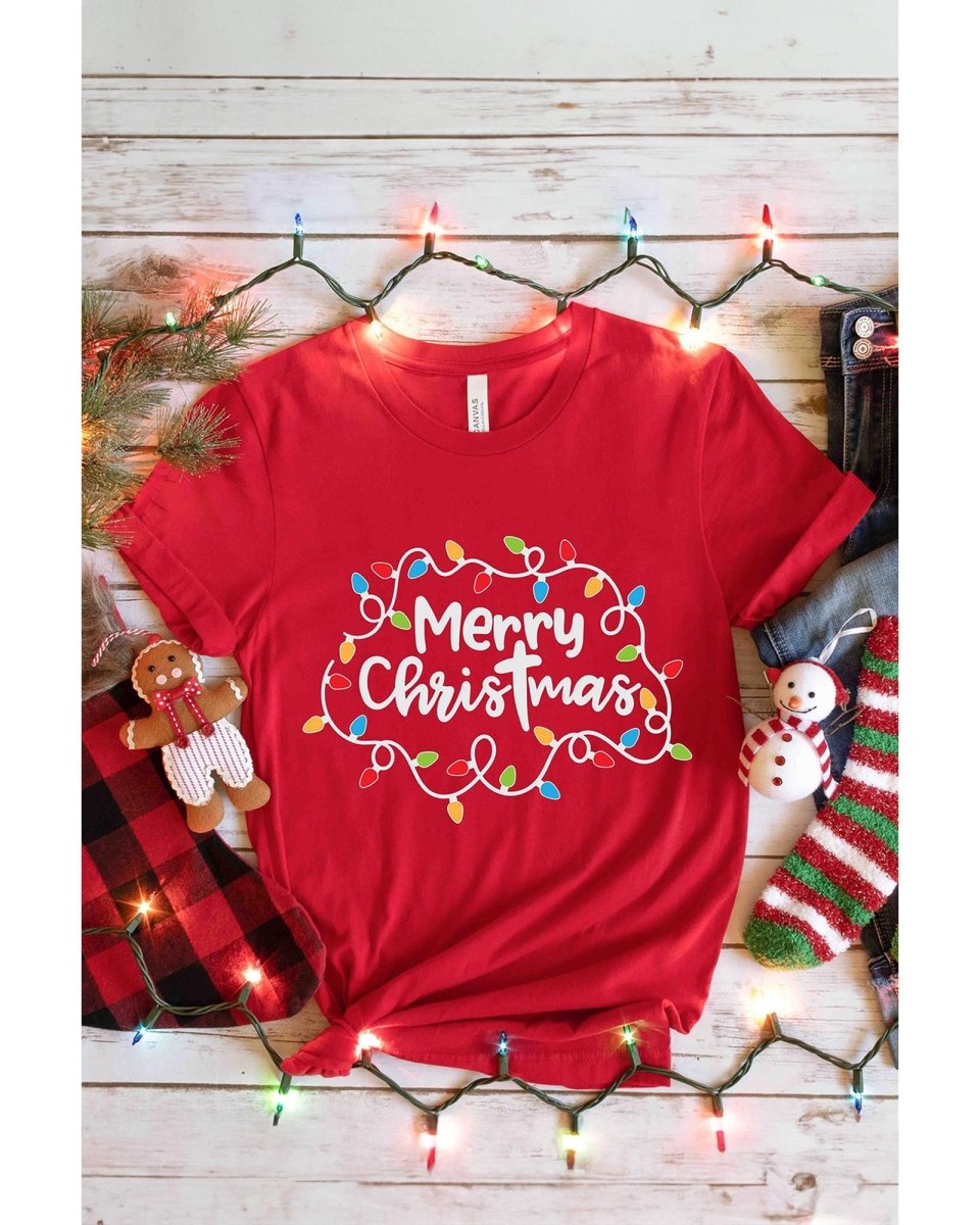 Red Merry Christmas Lights Print Crew Neck T Shirt - L