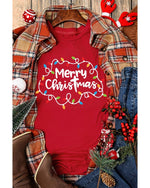 Red Merry Christmas Lights Print Crew Neck T Shirt - S