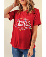 Red Merry Christmas Lights Print Crew Neck T Shirt - S
