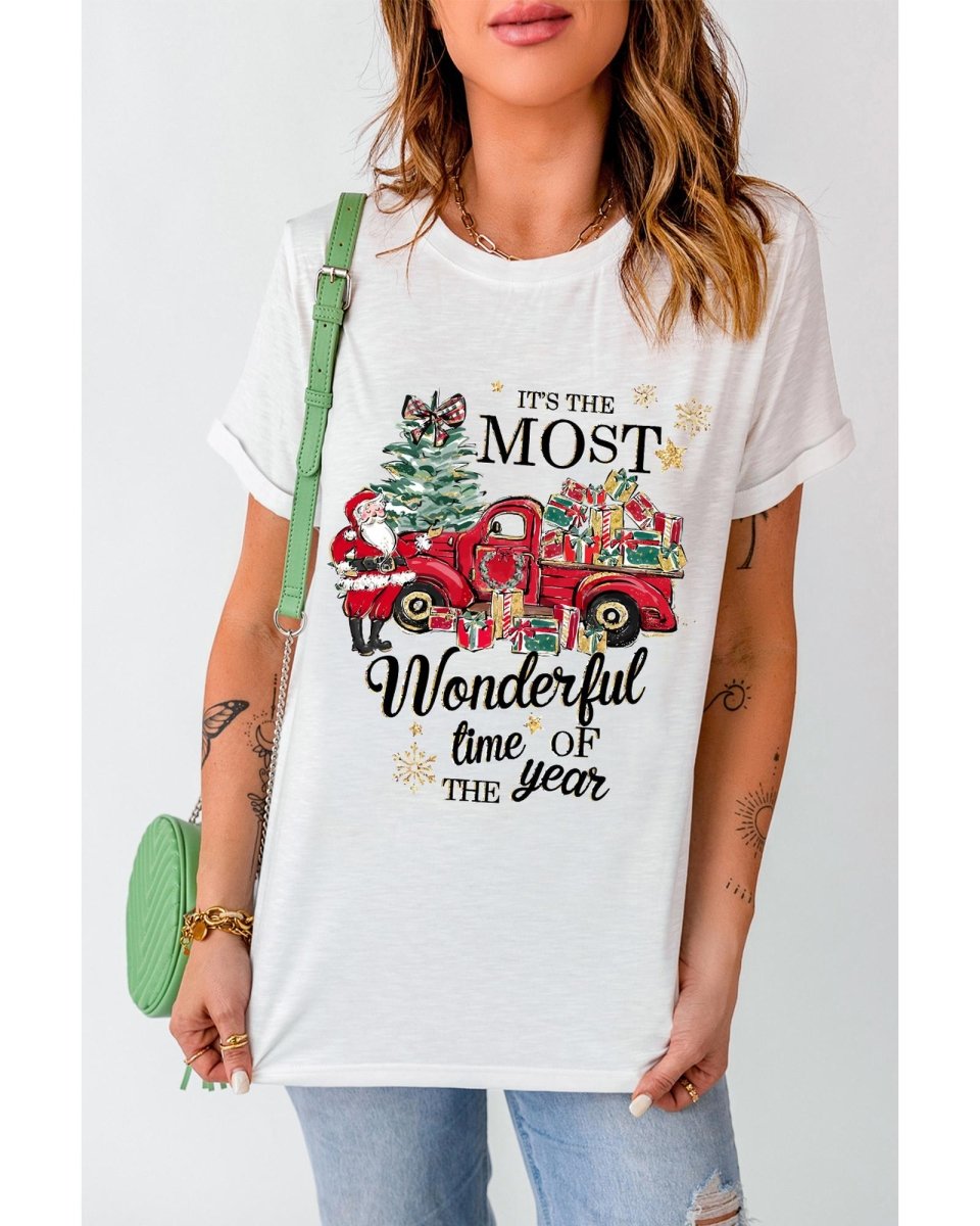 White Christmas Pattern Slogan Print Crew Neck T Shirt - 2XL