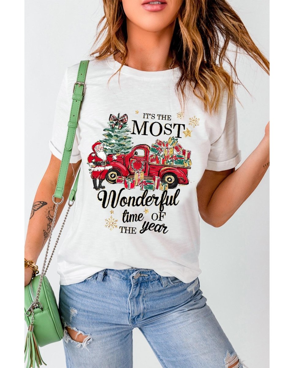 White Christmas Pattern Slogan Print Crew Neck T Shirt - M