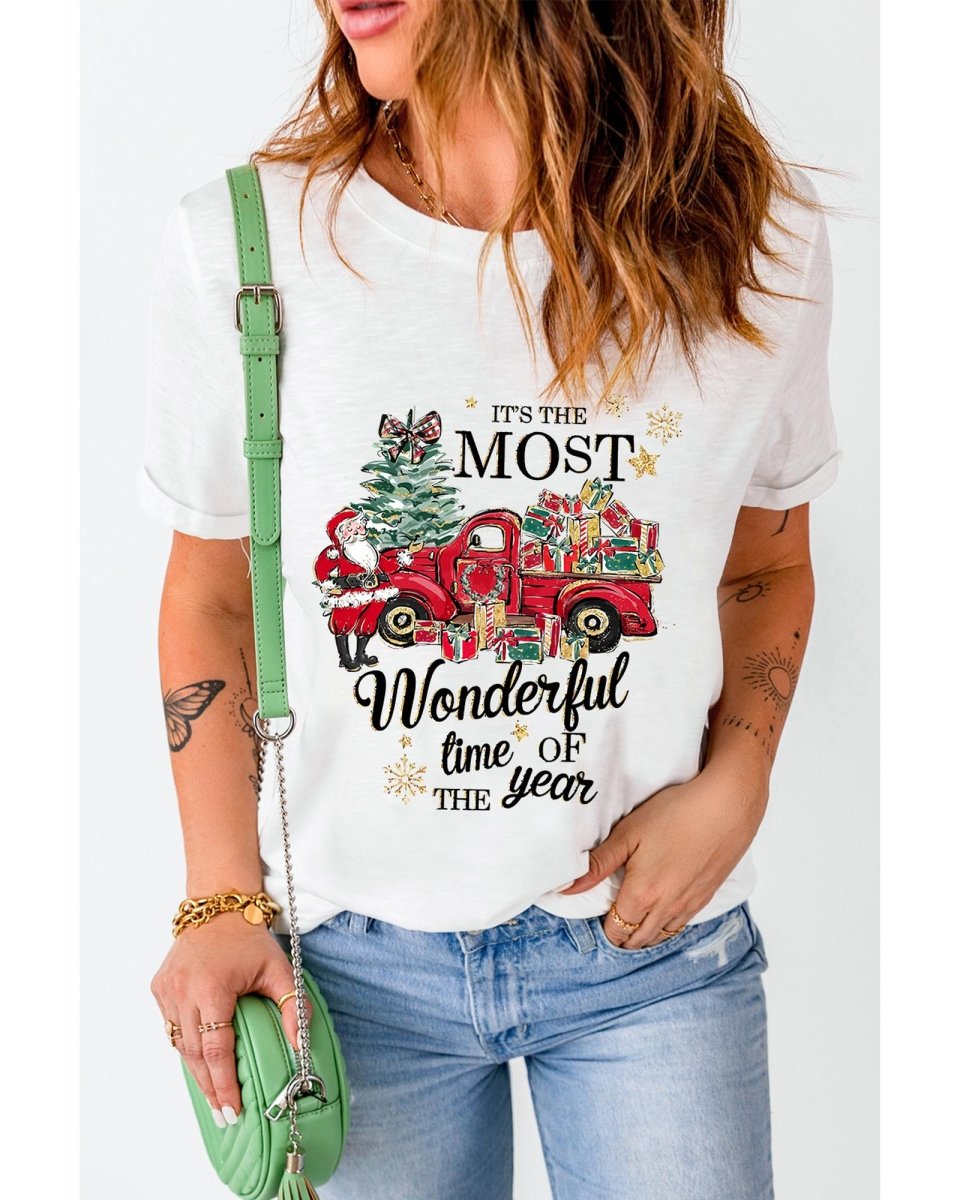 White Christmas Pattern Slogan Print Crew Neck T Shirt - XL