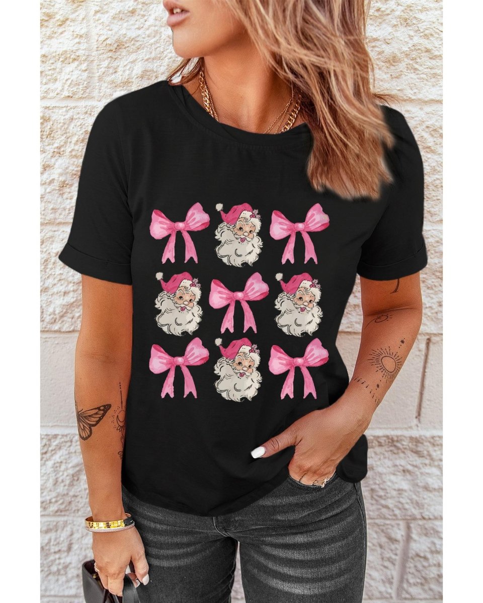 Black Santa Claus Bow Knot Christmas Graphic T Shirt - L