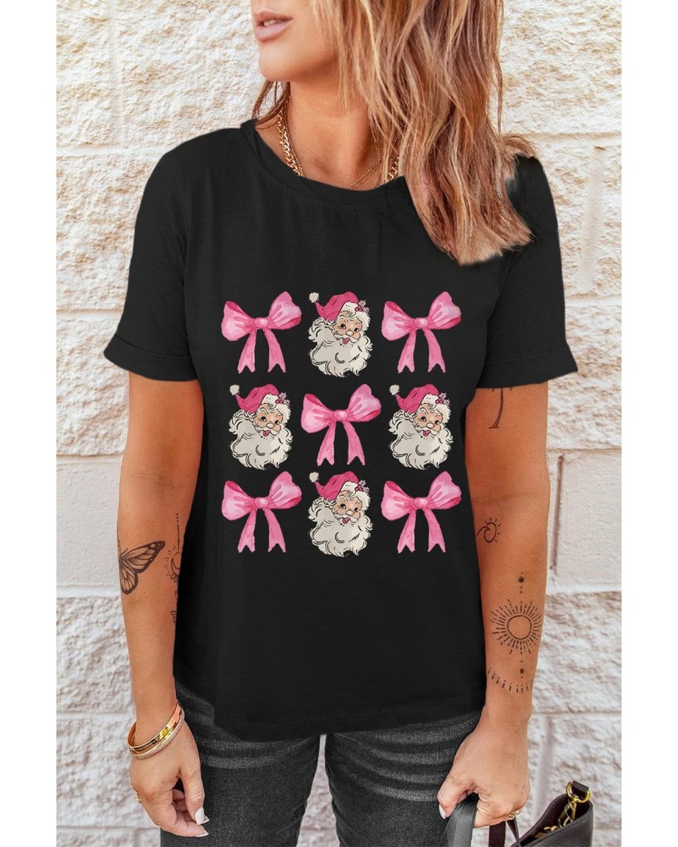 Black Santa Claus Bow Knot Christmas Graphic T Shirt - M