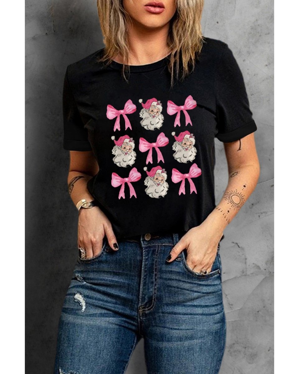 Black Santa Claus Bow Knot Christmas Graphic T Shirt - M