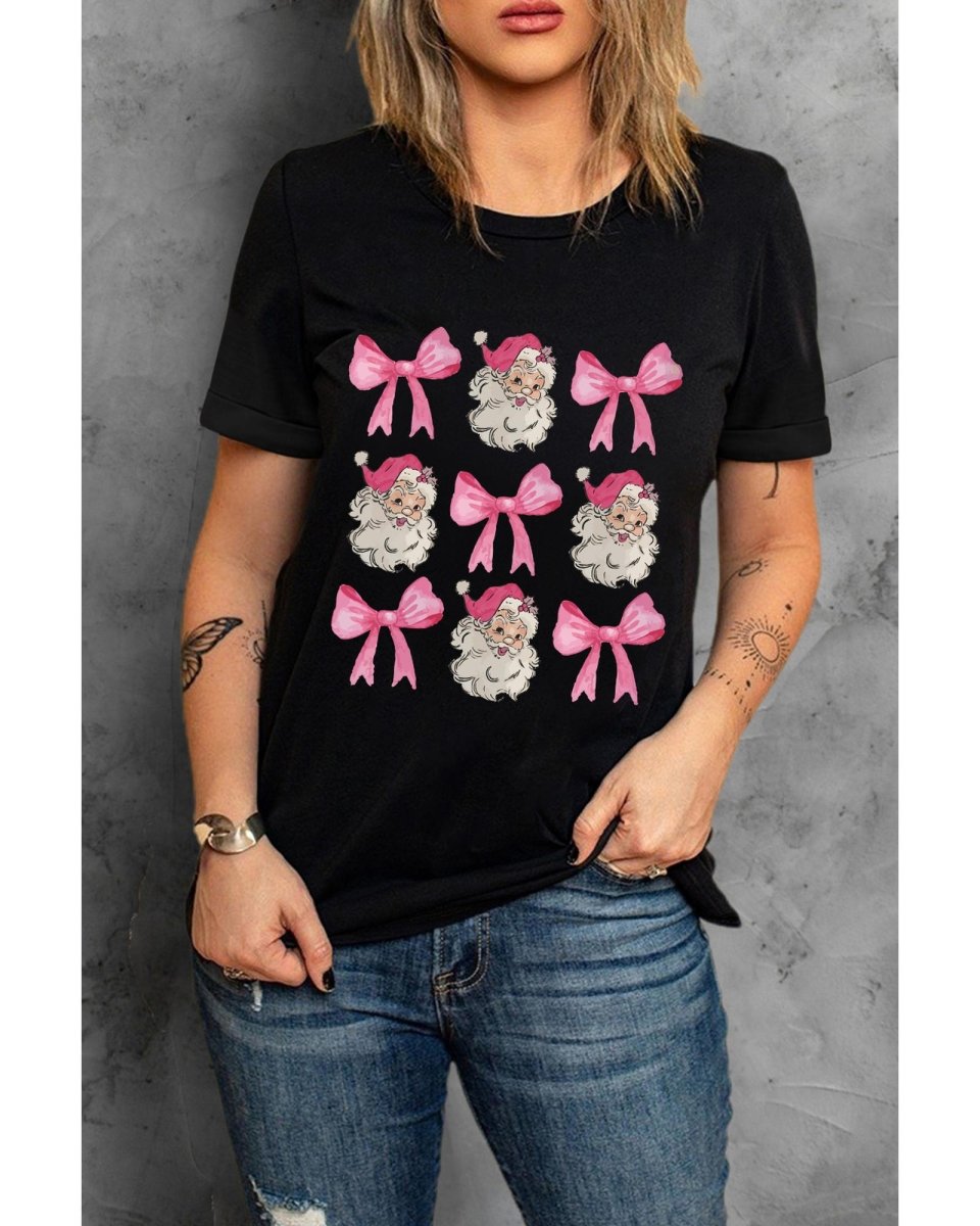 Black Santa Claus Bow Knot Christmas Graphic T Shirt - S