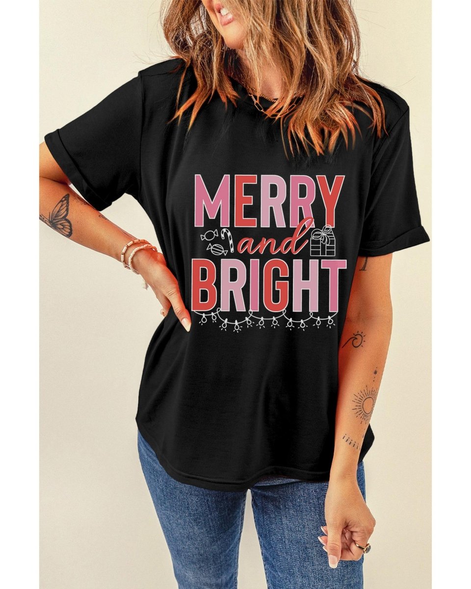 Black MERRY and BRIGHT Crew Neck Christmas Graphic Tee - 2XL