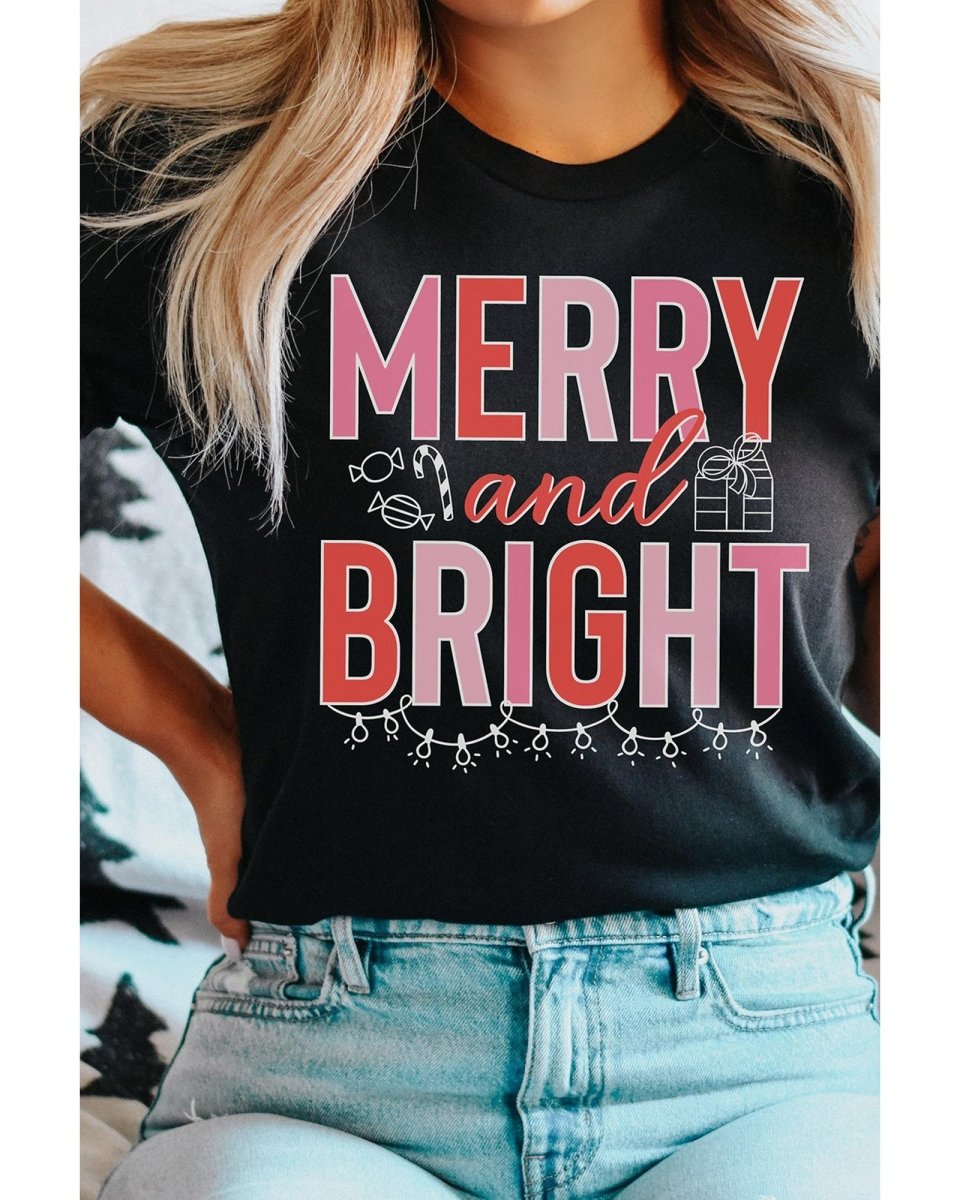 Black MERRY and BRIGHT Crew Neck Christmas Graphic Tee - 2XL