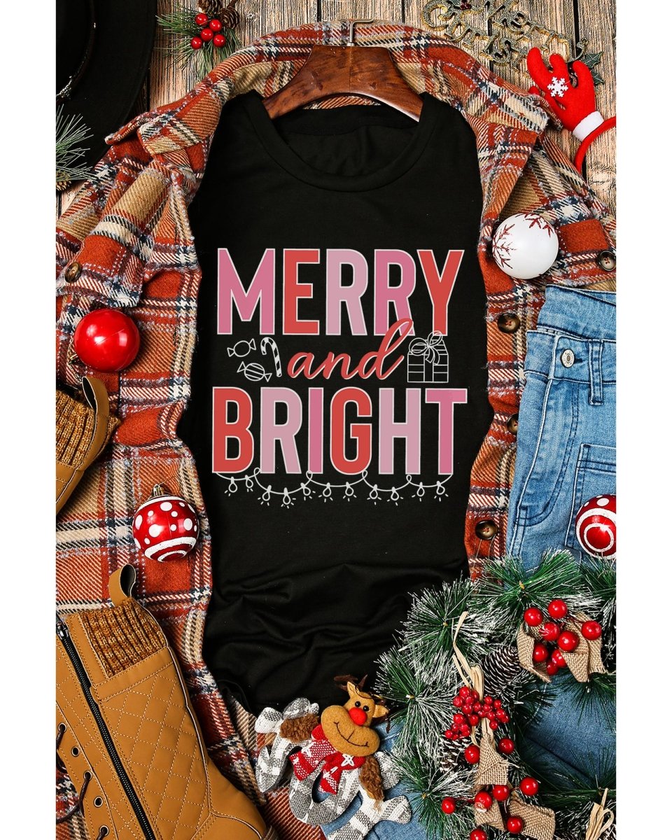 Black MERRY and BRIGHT Crew Neck Christmas Graphic Tee - 2XL