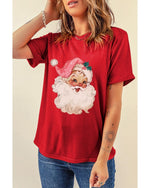 Red Christmas Santa Claus Print Crew Neck T Shirt - L