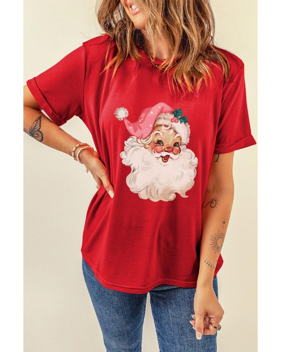 Red Christmas Santa Claus Print Crew Neck T Shirt - L