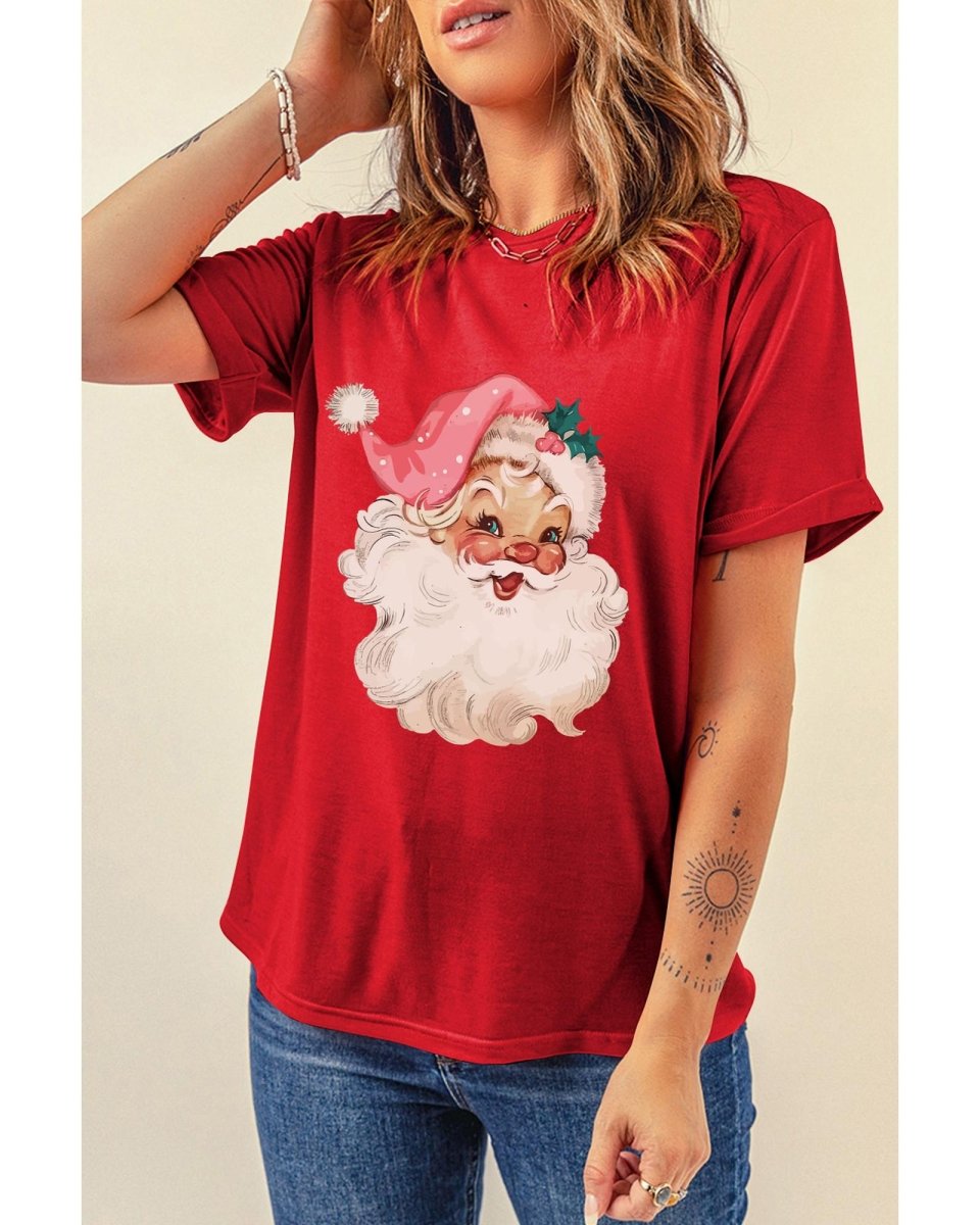 Red Christmas Santa Claus Print Crew Neck T Shirt - S