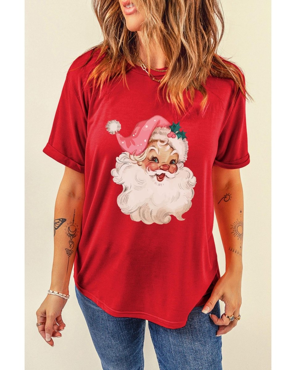 Red Christmas Santa Claus Print Crew Neck T Shirt - S