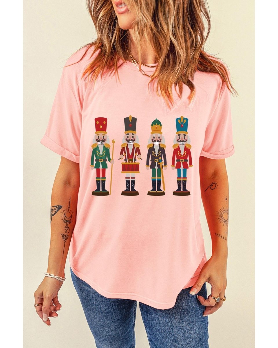 Pink Cute Nutcracker Graphic Crewneck Christmas T Shirt - L