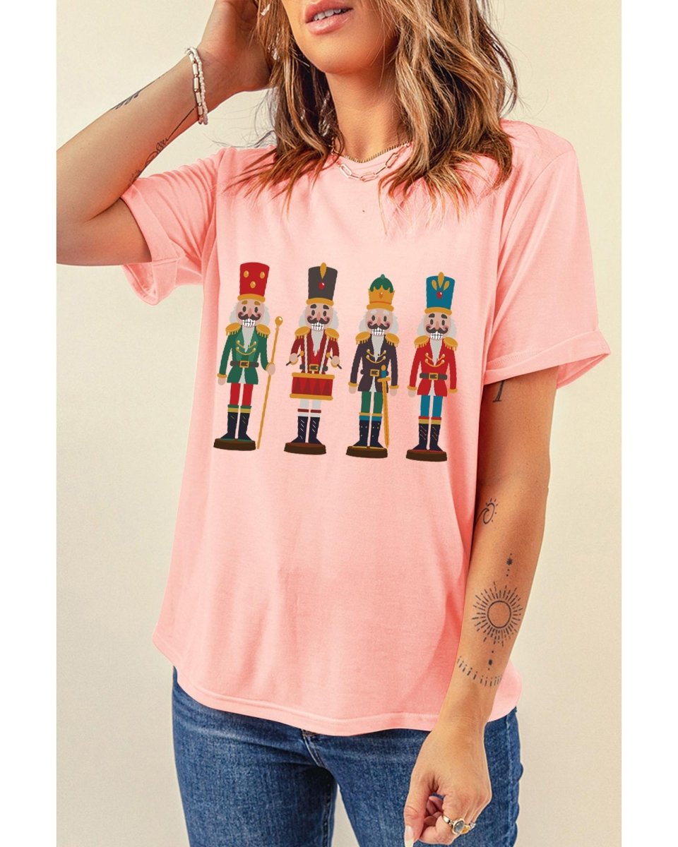 Pink Cute Nutcracker Graphic Crewneck Christmas T Shirt - L