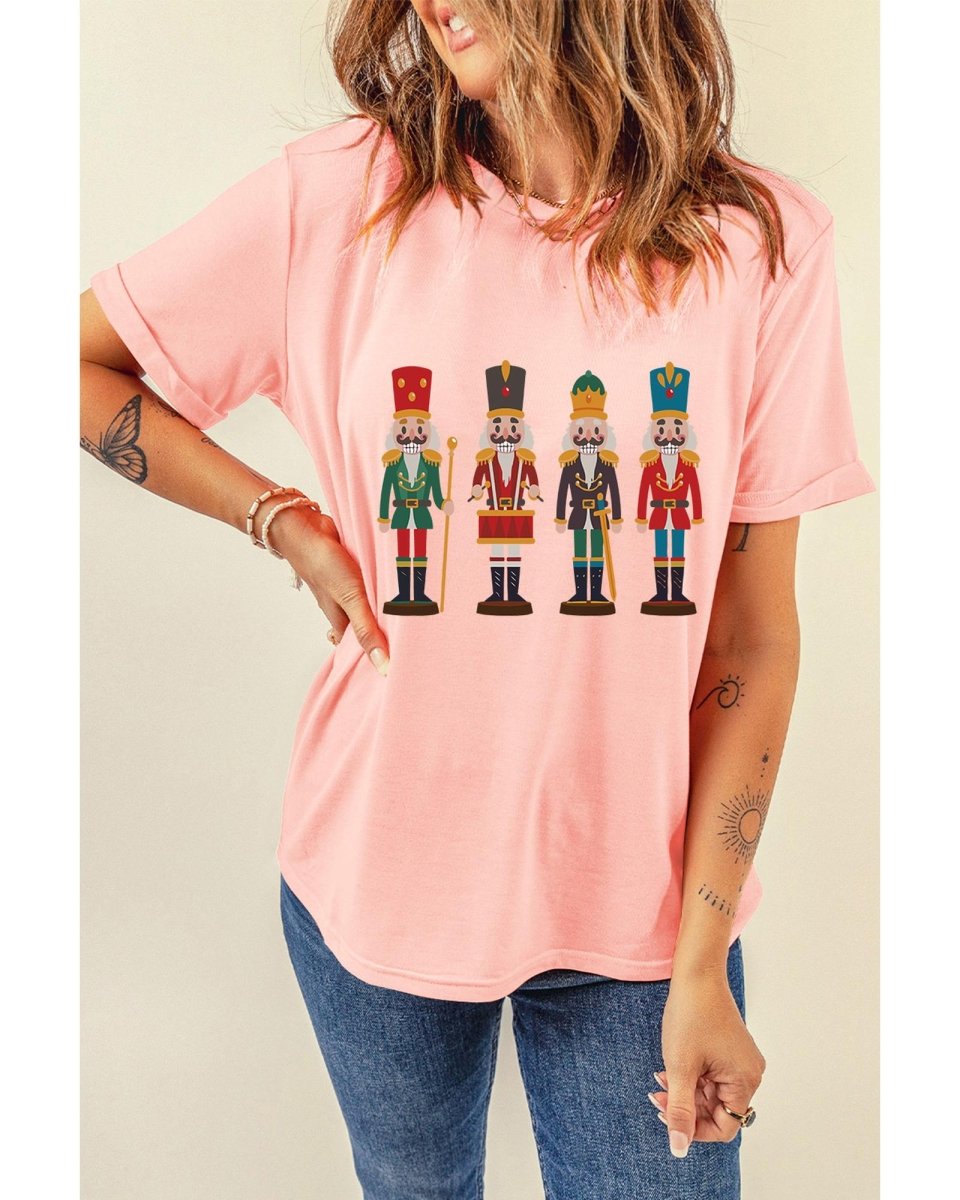 Pink Cute Nutcracker Graphic Crewneck Christmas T Shirt - M