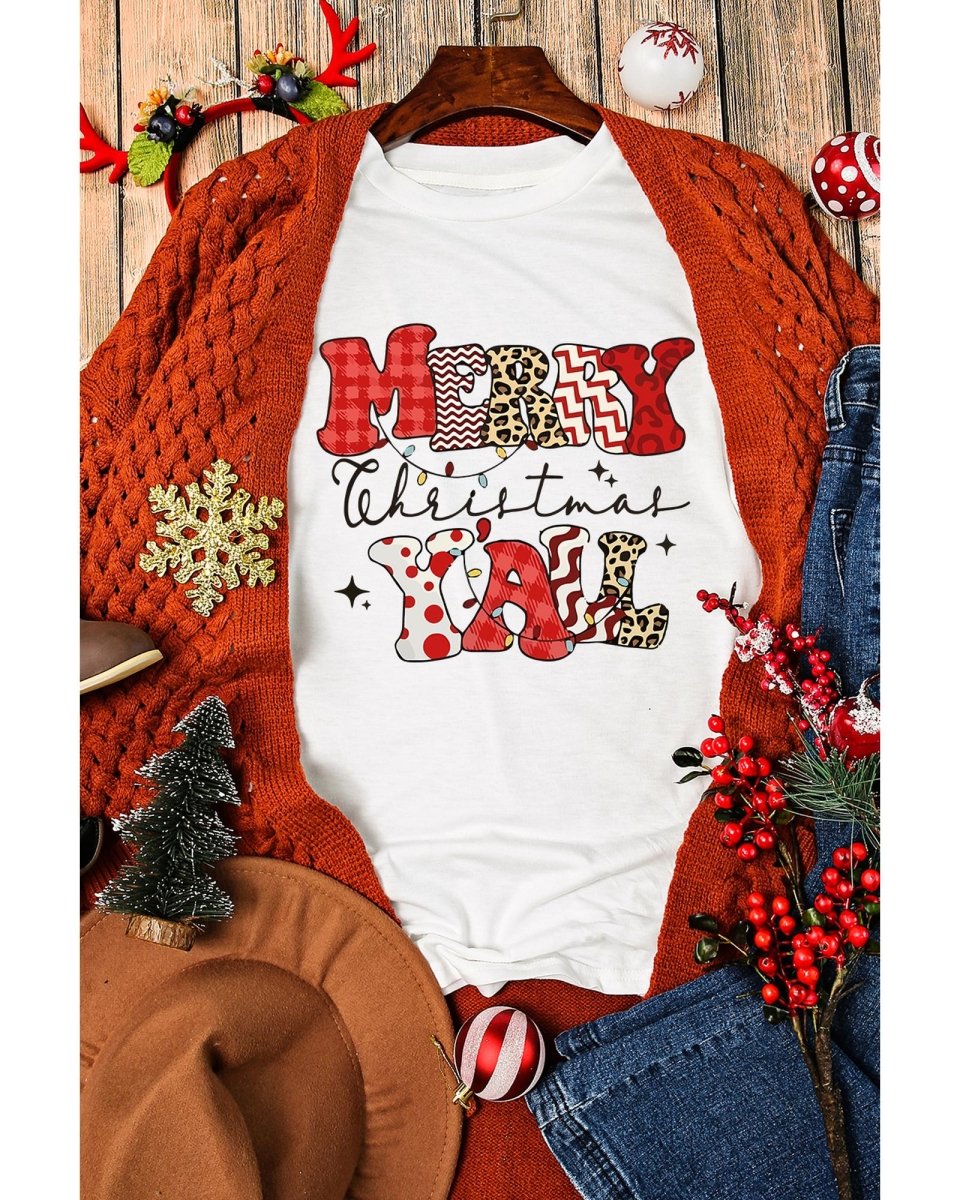 White MERRY Christmas YAll Graphic Crewneck T Shirt - M