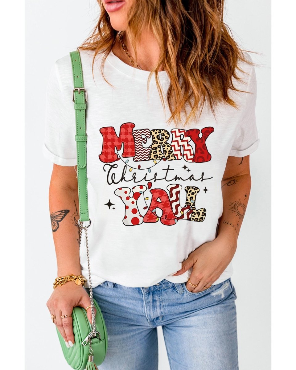 White MERRY Christmas YAll Graphic Crewneck T Shirt - M