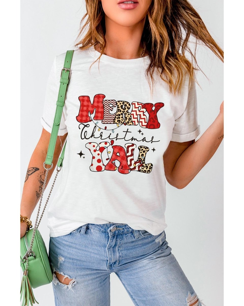 White MERRY Christmas YAll Graphic Crewneck T Shirt - XL