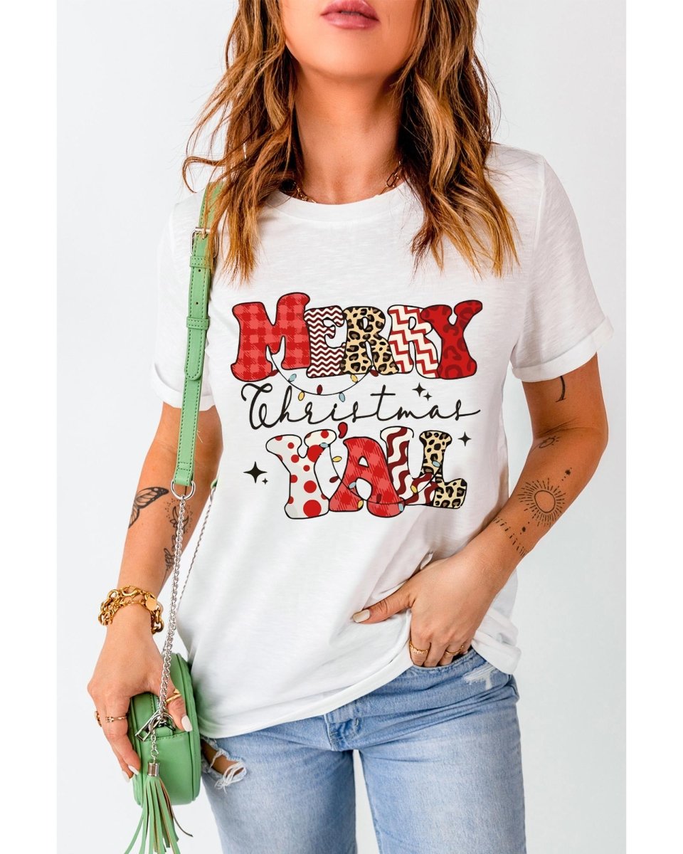 White MERRY Christmas YAll Graphic Crewneck T Shirt - XL