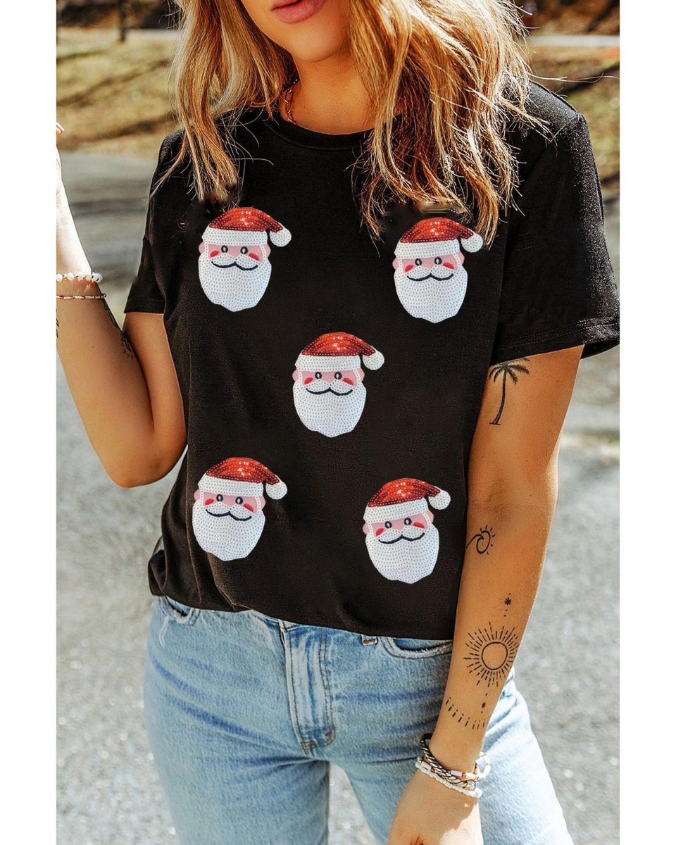 Black Sequin Christmas Claus Pattern Crewneck T Shirt - 2XL