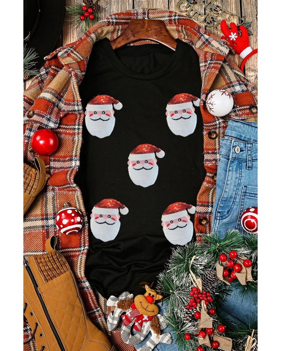 Black Sequin Christmas Claus Pattern Crewneck T Shirt - M