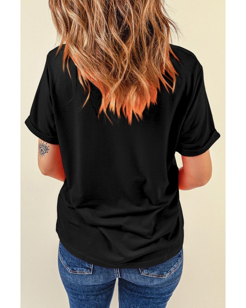 Black Sequin Christmas Claus Pattern Crewneck T Shirt - M