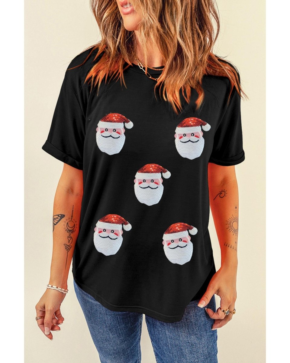 Black Sequin Christmas Claus Pattern Crewneck T Shirt - M
