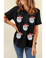 Black Sequin Christmas Claus Pattern Crewneck T Shirt - M