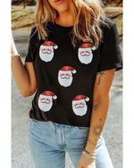 Black Sequin Christmas Claus Pattern Crewneck T Shirt - M