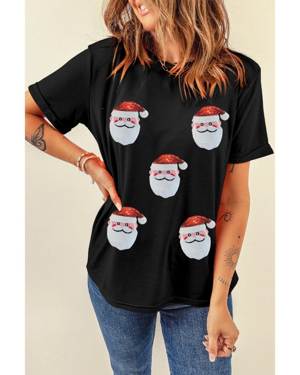 Black Sequin Christmas Claus Pattern Crewneck T Shirt - XL