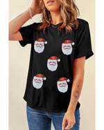 Black Sequin Christmas Claus Pattern Crewneck T Shirt - XL