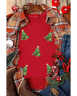 Red Sequined Christmas Tree Graphic Crewneck T Shirt - 2XL