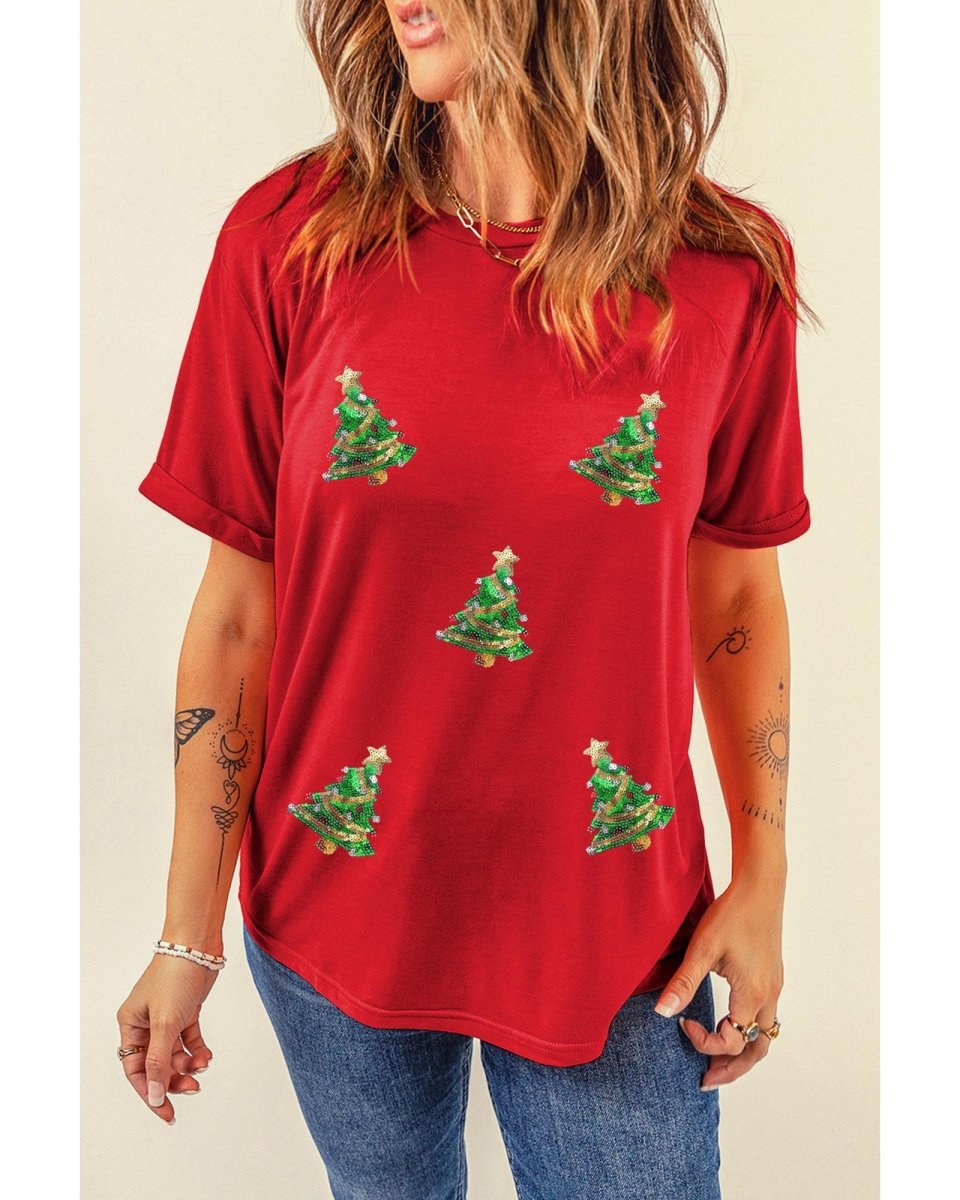 Red Sequined Christmas Tree Graphic Crewneck T Shirt - 2XL