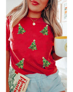 Red Sequined Christmas Tree Graphic Crewneck T Shirt - 2XL