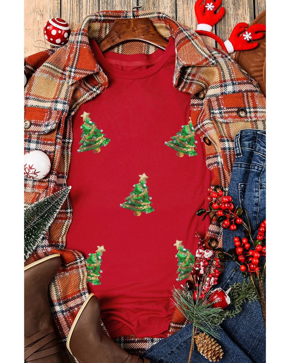 Red Sequined Christmas Tree Graphic Crewneck T Shirt - L