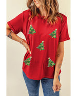 Red Sequined Christmas Tree Graphic Crewneck T Shirt - L