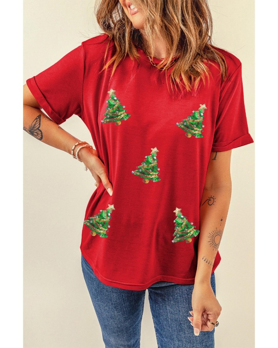 Red Sequined Christmas Tree Graphic Crewneck T Shirt - L