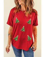 Red Sequined Christmas Tree Graphic Crewneck T Shirt - M