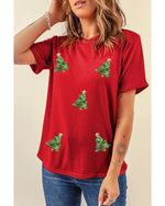 Red Sequined Christmas Tree Graphic Crewneck T Shirt - XL