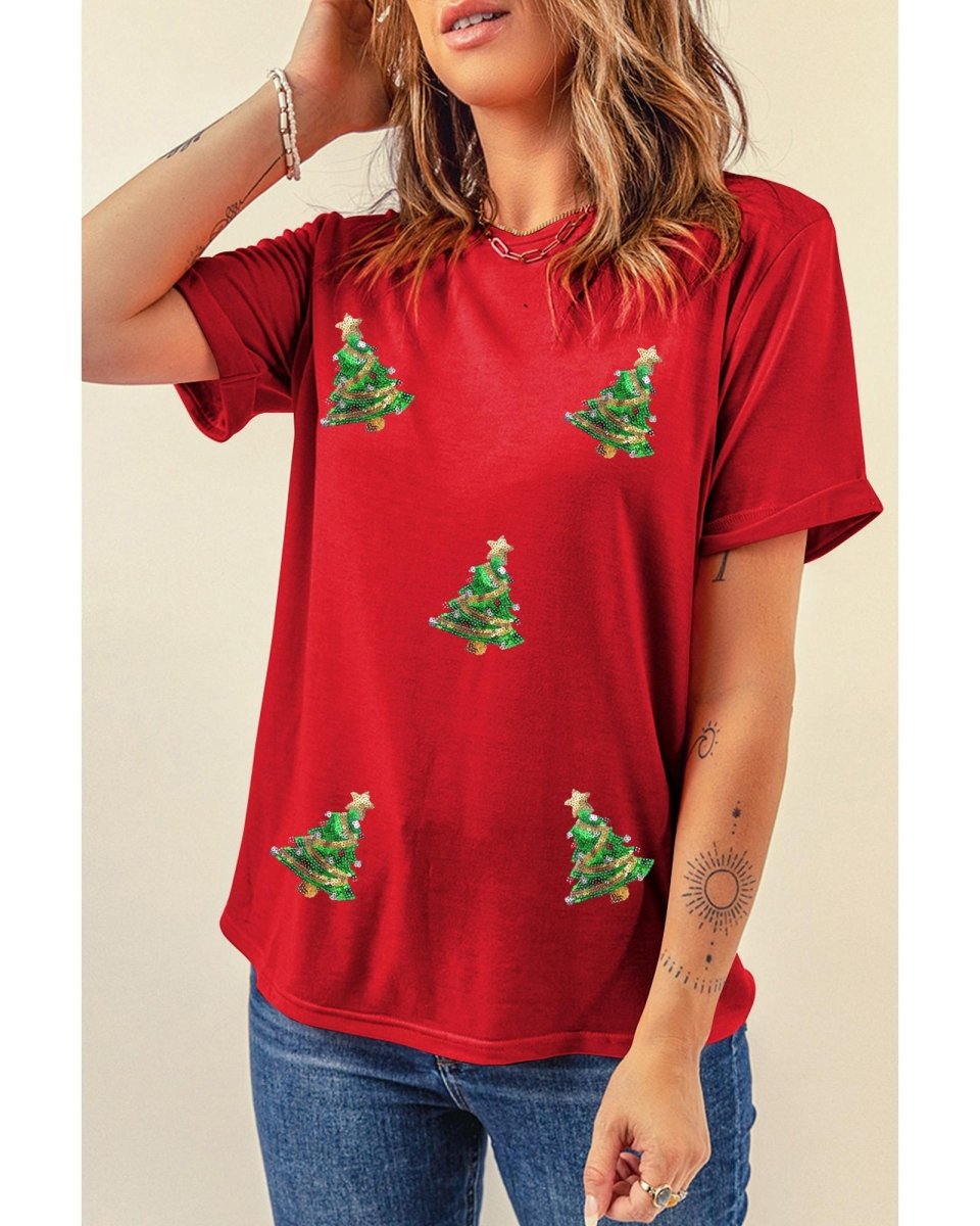 Red Sequined Christmas Tree Graphic Crewneck T Shirt - XL