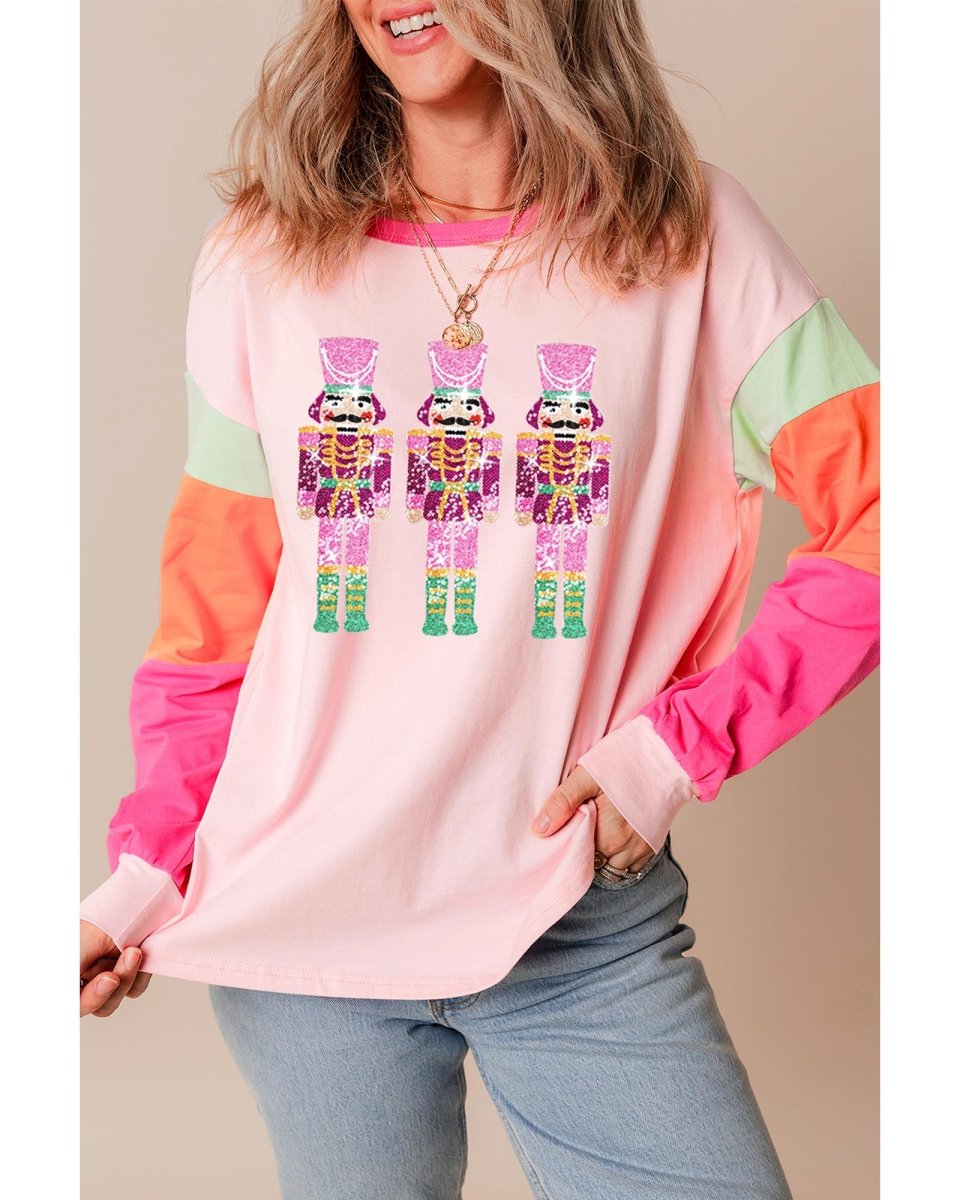 Pink Christmas Sequin Nutcracker Graphic Colorblock Long Sleeve Top - L