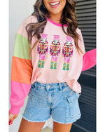 Pink Christmas Sequin Nutcracker Graphic Colorblock Long Sleeve Top - L