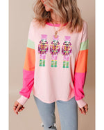 Pink Christmas Sequin Nutcracker Graphic Colorblock Long Sleeve Top - L