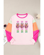 Pink Christmas Sequin Nutcracker Graphic Colorblock Long Sleeve Top - L