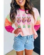 Pink Christmas Sequin Nutcracker Graphic Colorblock Long Sleeve Top - L
